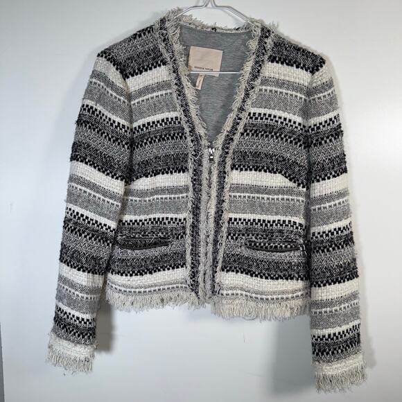 Rebecca Taylor Size 6 Fringe Tweed Jacket Black Gray White Bouclé Blazer cotton - Picture 2 of 13